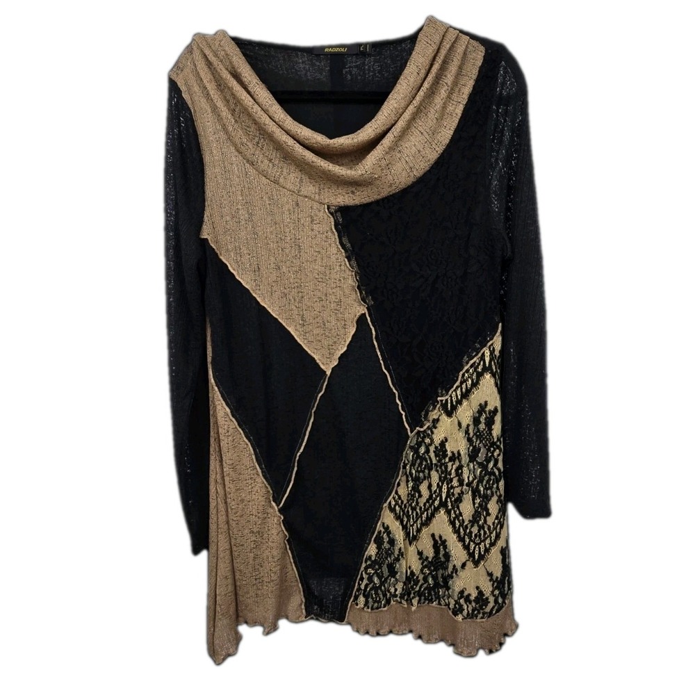 Radzoli Floral Lace Tunic Top Womens Petite L Black Draped Neck Boho Lagenlook